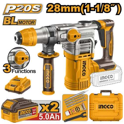 Перфоратор CRHLI202885 SDS+, 4,5Дж, акк, б/щ, P20S(20В) INGCO, 2хАКБ 5Ач и ЗУ 2А